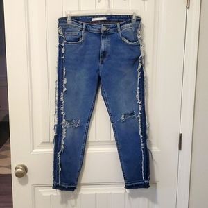 Zara Frayed Side Stripe Jeans Raw Hem Distressed Size 9 High Rise